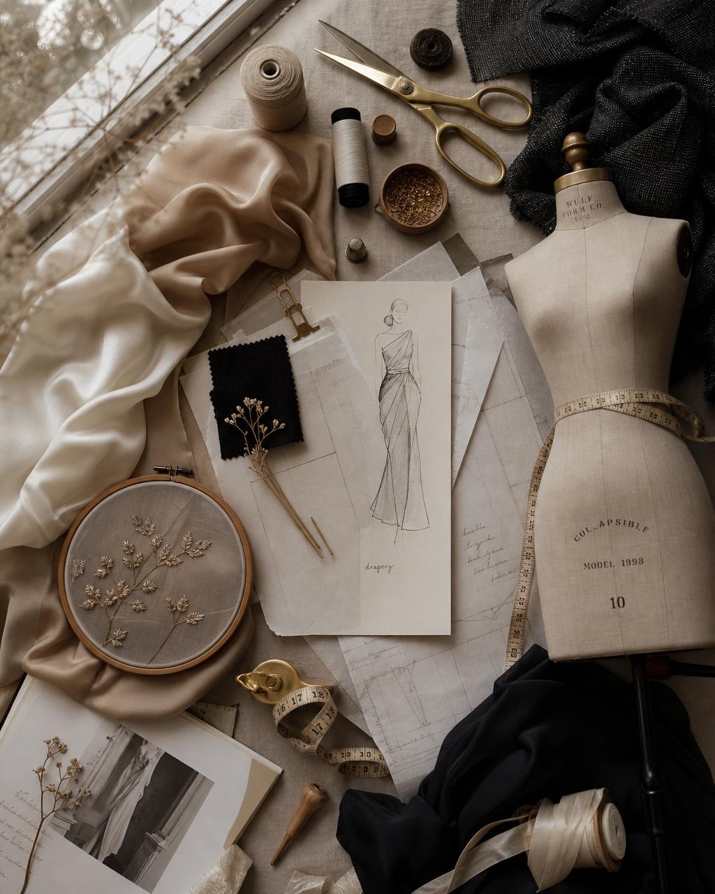 Fashion design atelier — pattern making, embroidery, draping and illustration